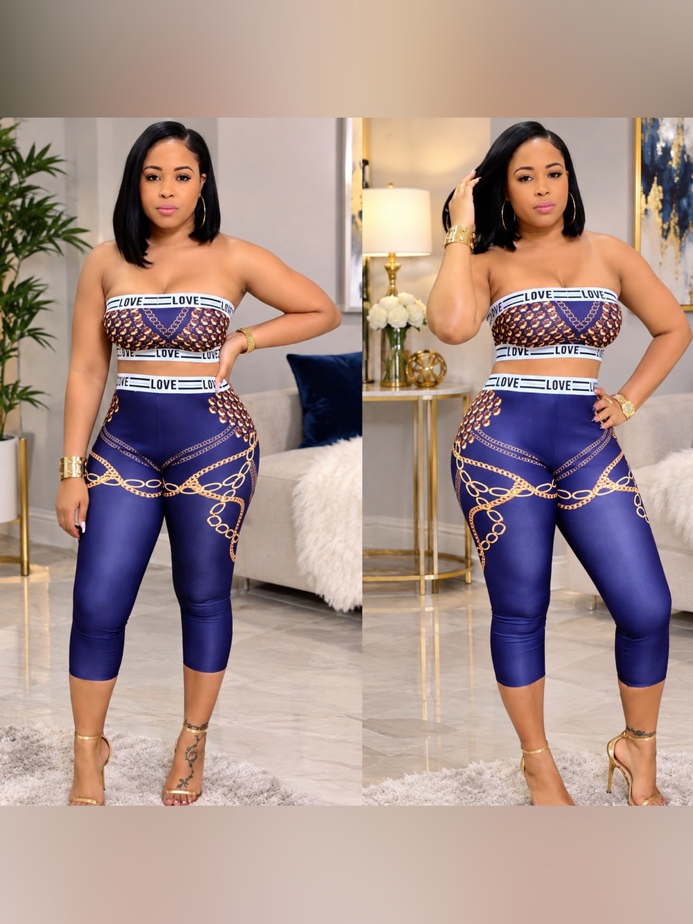 Love Print Navy Chain-Detail High-Waist Capri Set
